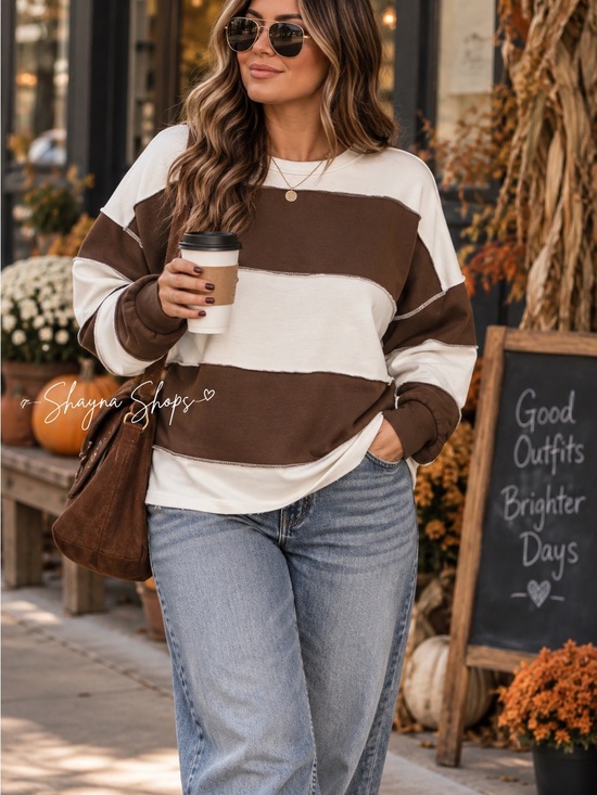 Zenana Outfitters Tops - Zenana Striped Oversized Brown and Cream French Terry Pullover Top
